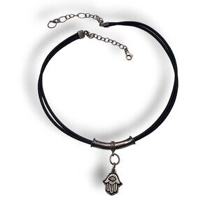 Vintage SJC 925 Sterling Silver Hamsa Evil Eye Hand Pendant Choker Necklace 90s